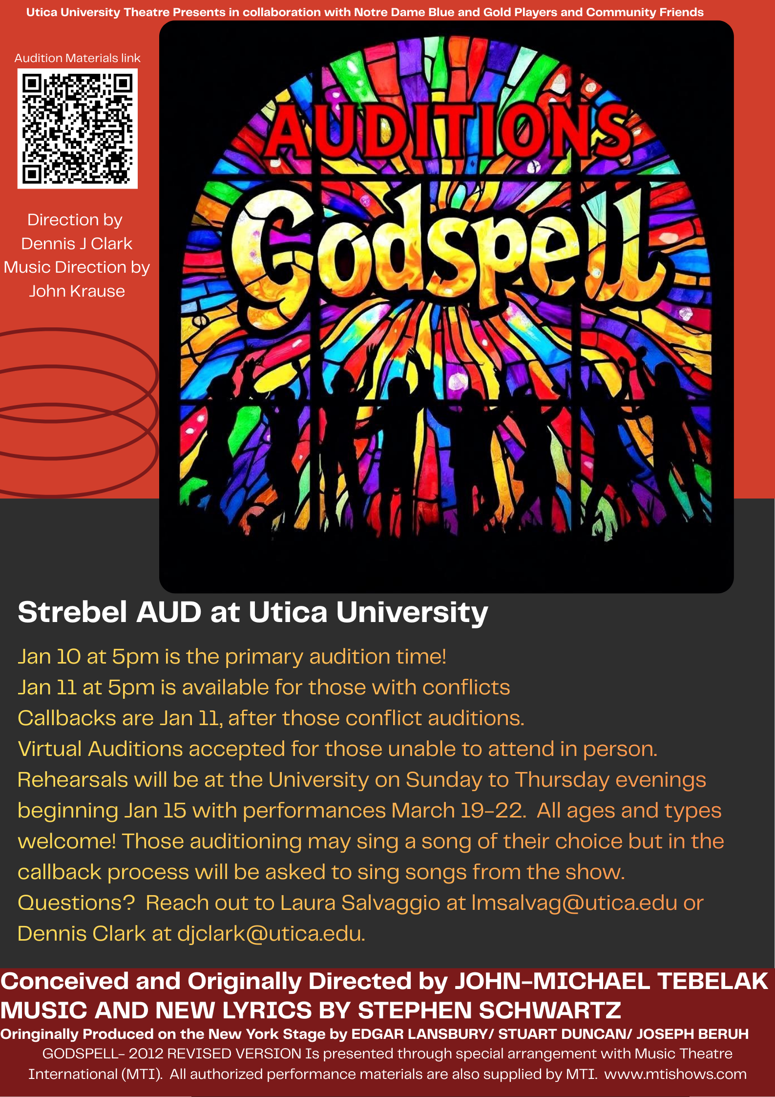 Poster with a stain glass window and silehouettes in front of it.